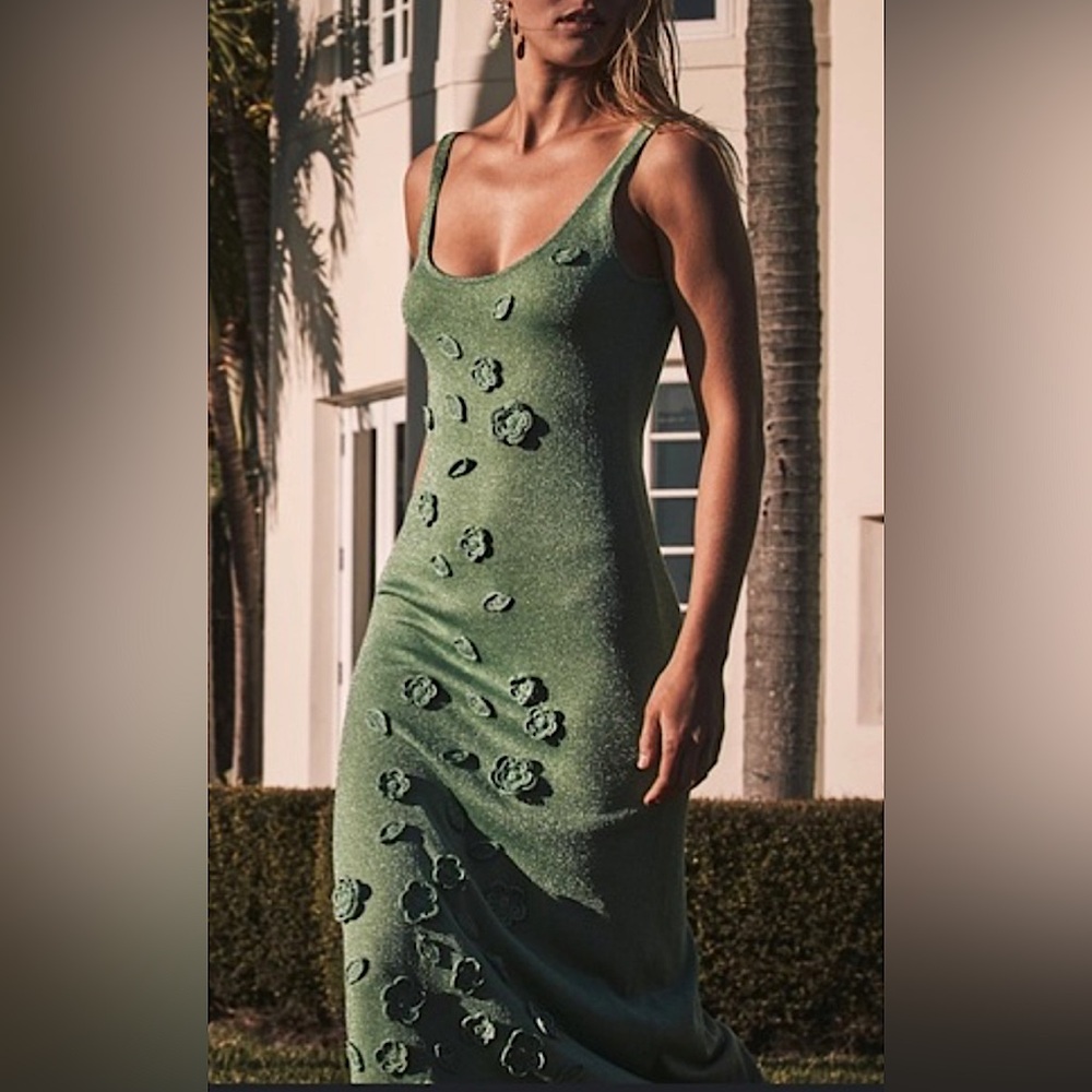Caroline Constas - Green Shimmery Knit Maxi Dress With Floral Appliqué - XS